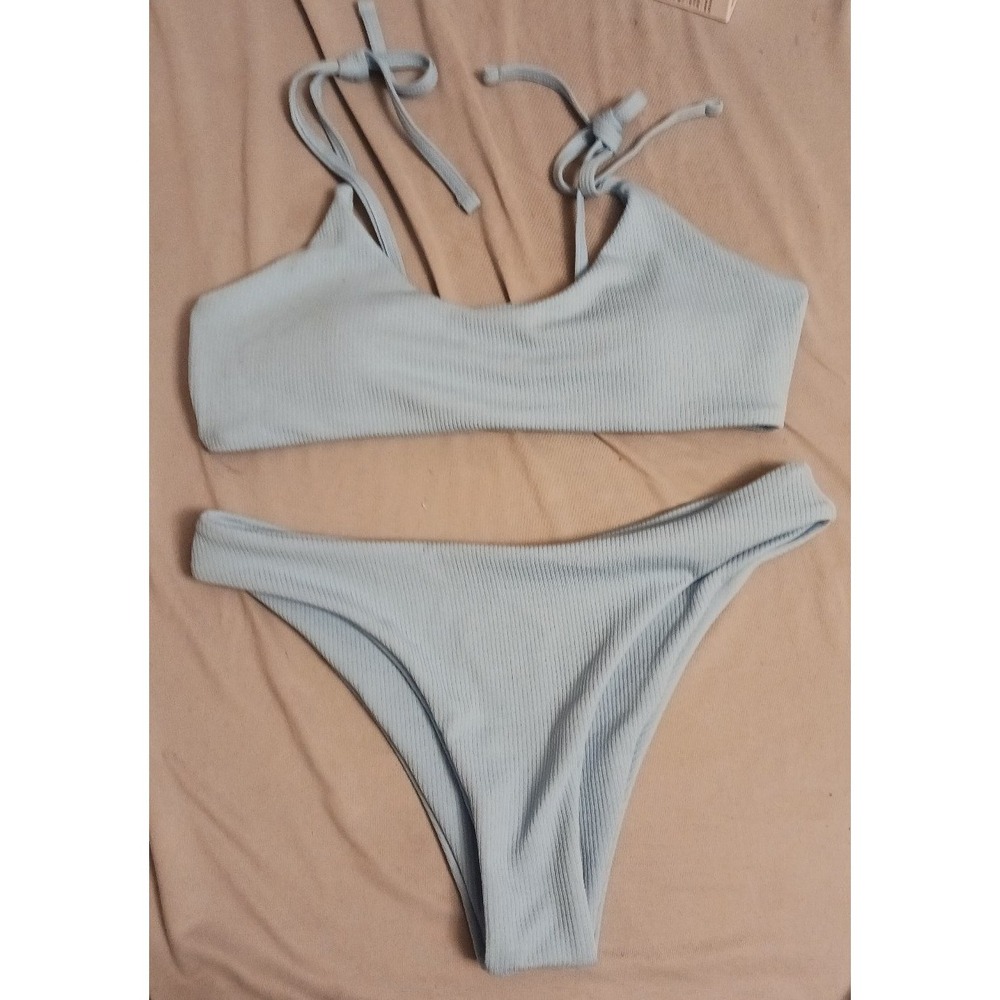 NEW Baby Blue Ribbed 2pc Swimsuit Bikini Set, Size Medium